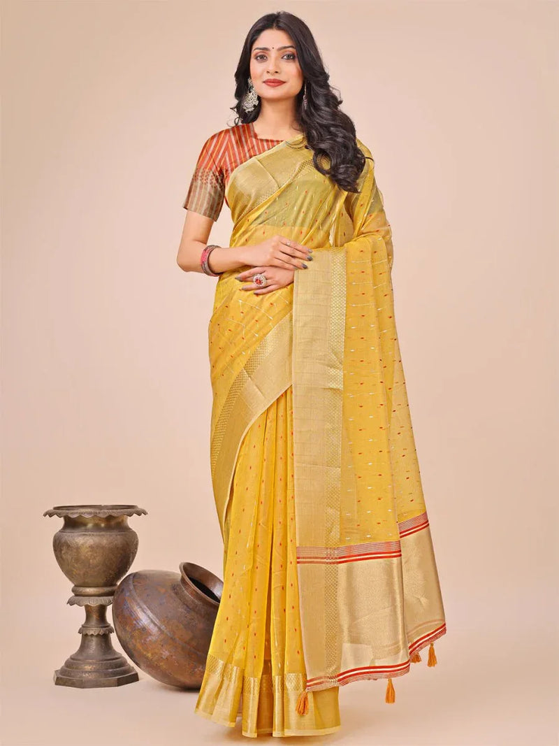 Yellow Organza Saree With Blouse Piece - EZBER