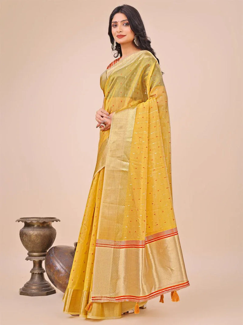 Yellow Organza Saree With Blouse Piece - EZBER