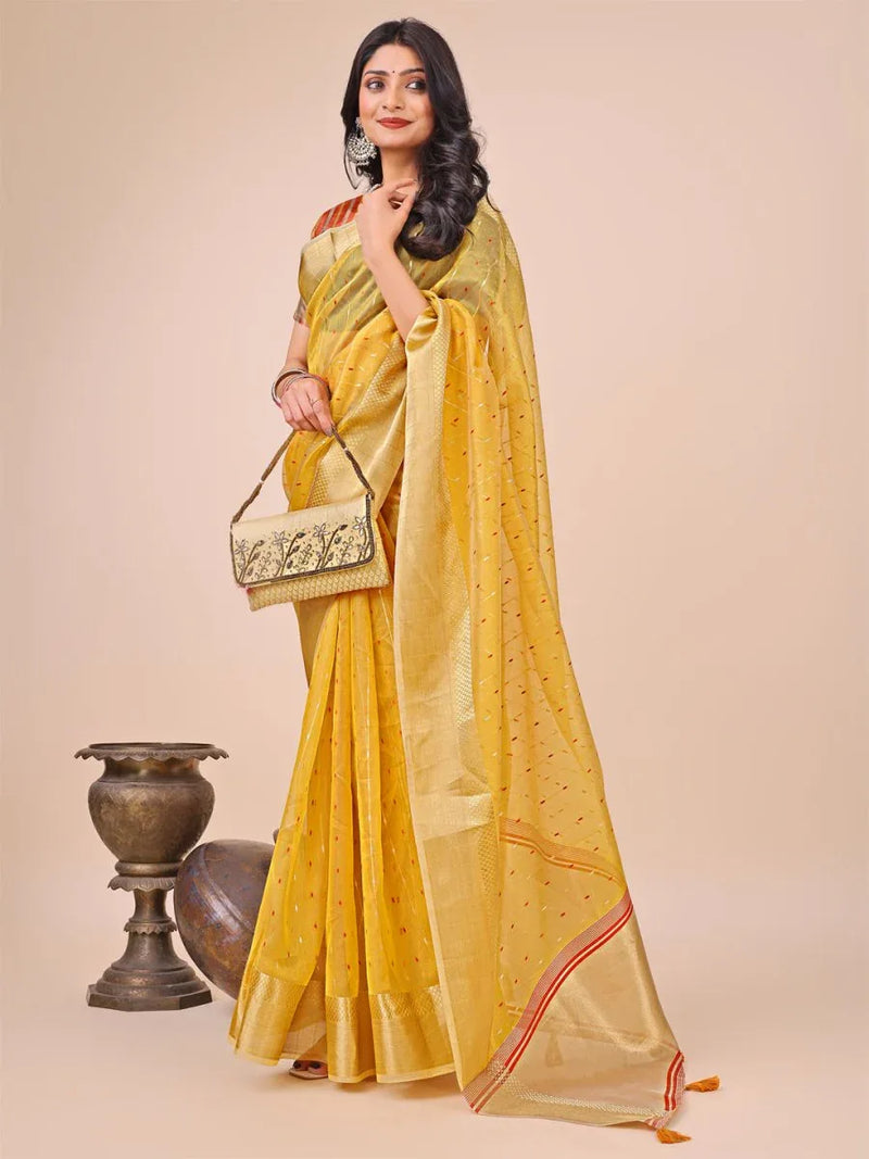 Yellow Organza Saree With Blouse Piece - EZBER