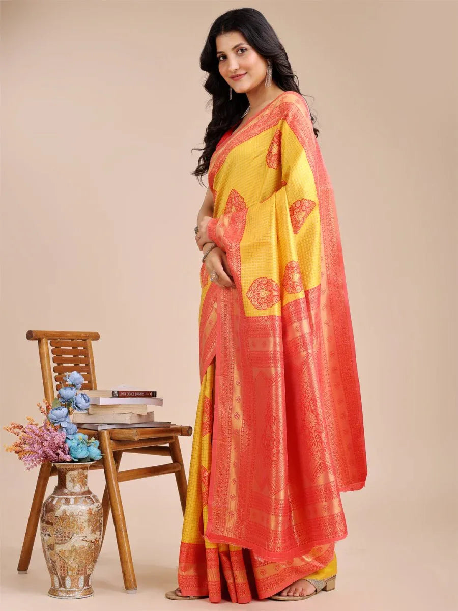 Yellow & Red Banarasi Silk Saree With Blouse Piece - EZBER