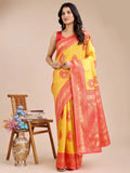Yellow & Red Banarasi Silk Saree With Blouse Piece - EZBER