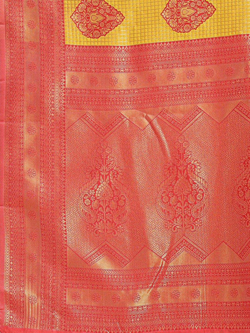 Yellow & Red Banarasi Silk Saree With Blouse Piece - EZBER