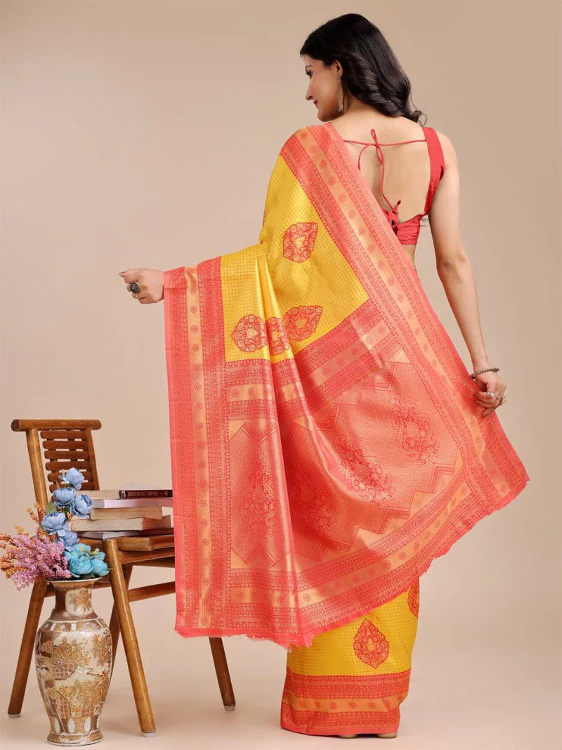 Yellow & Red Banarasi Silk Saree With Blouse Piece - EZBER
