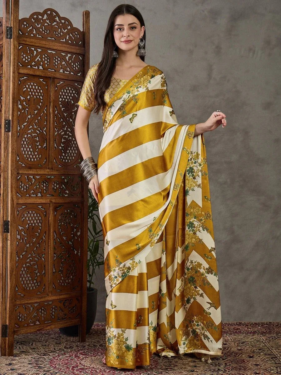 Yellow Semi Modal Saree With Blouse Piece - EZBER