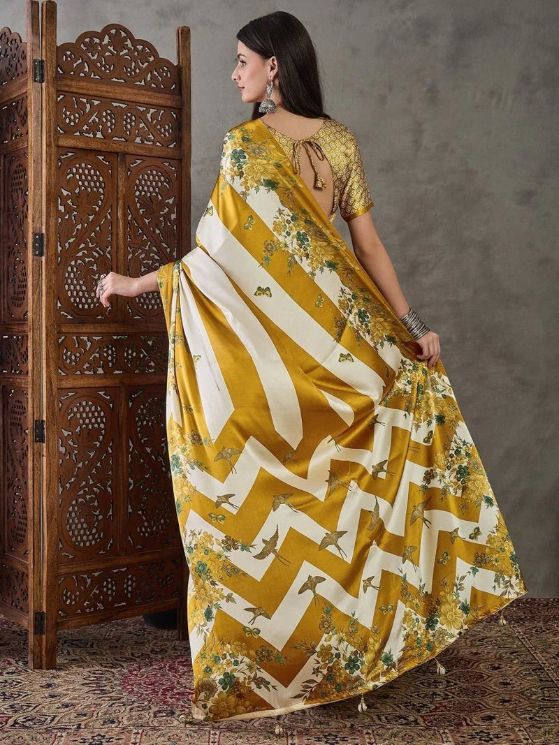 Yellow Semi Modal Saree With Blouse Piece - EZBER