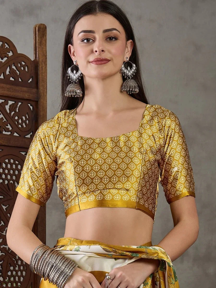 Yellow Semi Modal Saree With Blouse Piece - EZBER