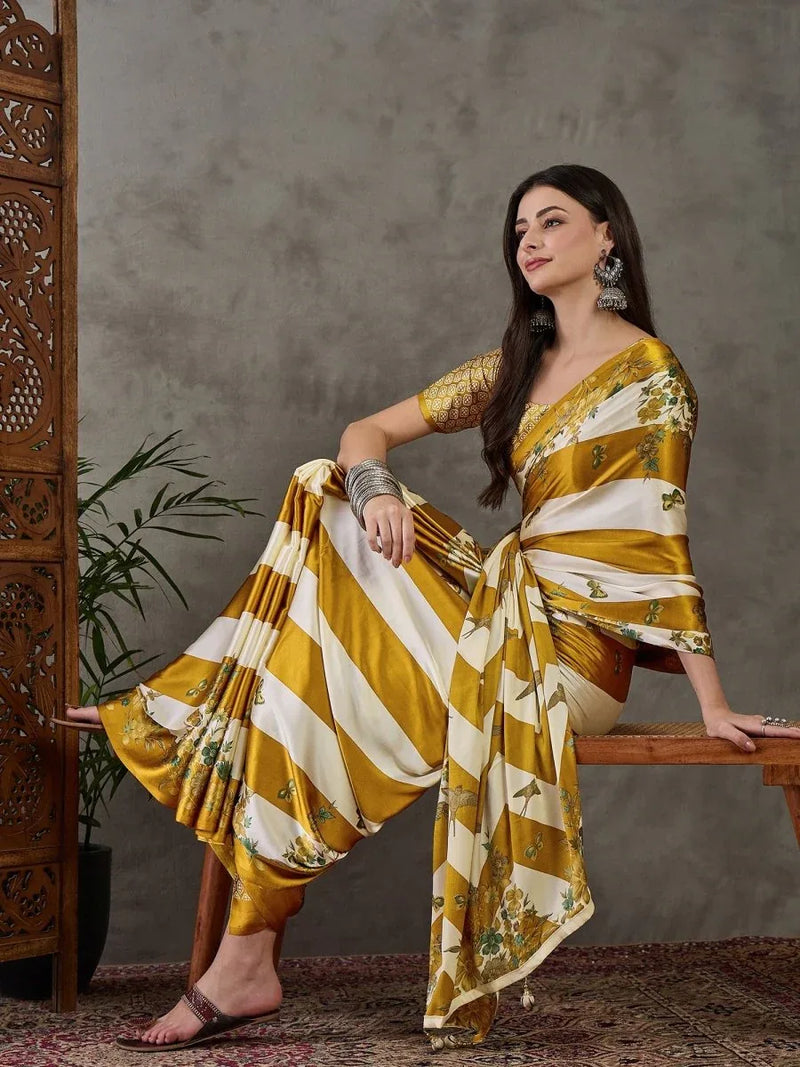 Yellow Semi Modal Saree With Blouse Piece - EZBER