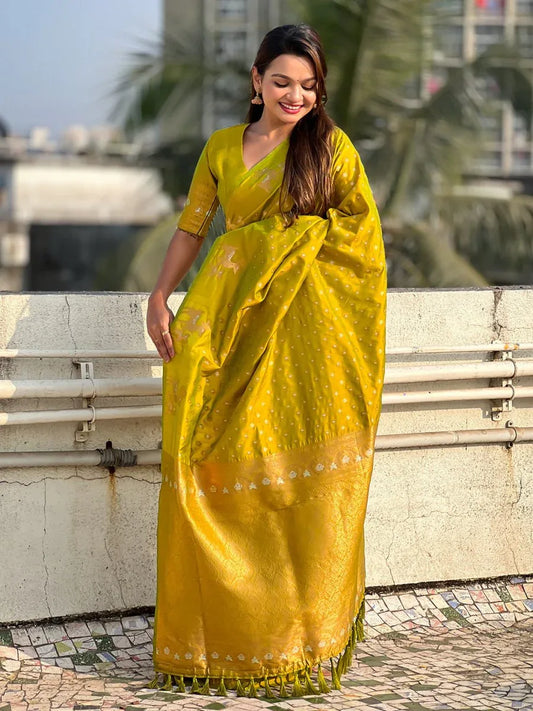 Yellow Silk Blend Saree With Blouse Piece - EZBER