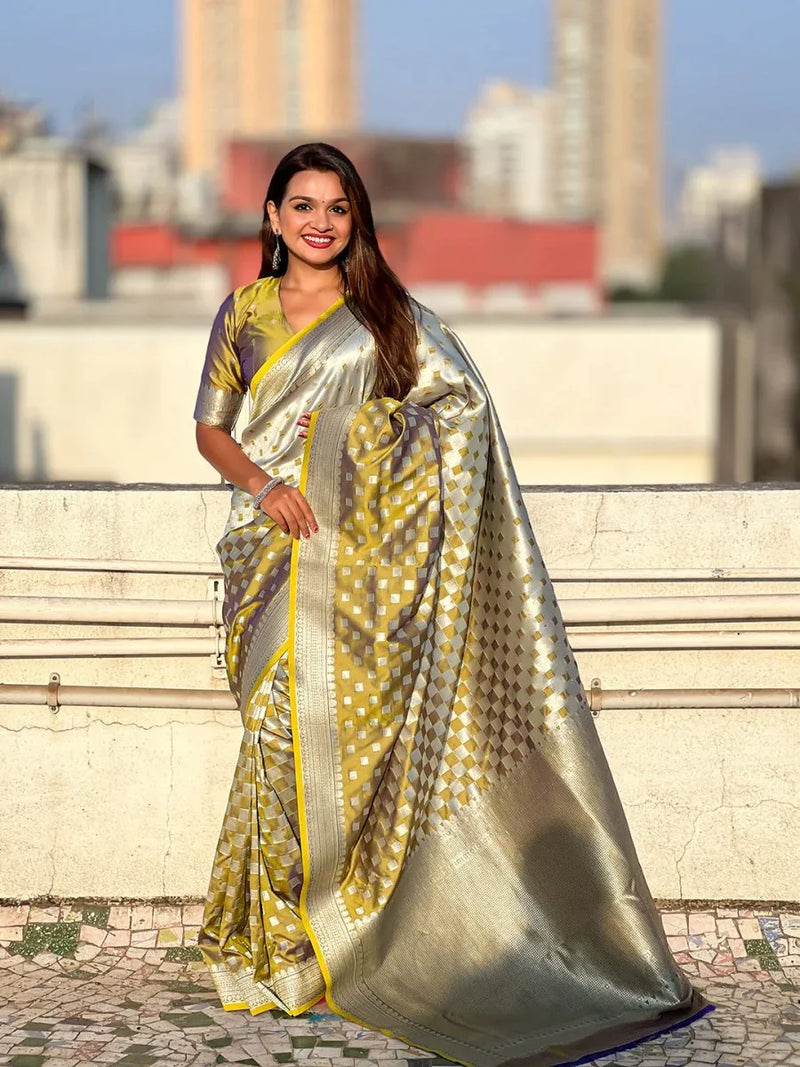 Yellow Silk Saree With Blouse Piece - EZBER
