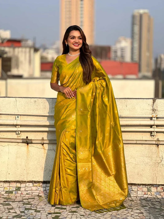 Yellow Soft silk Saree With Blouse Piece - EZBER