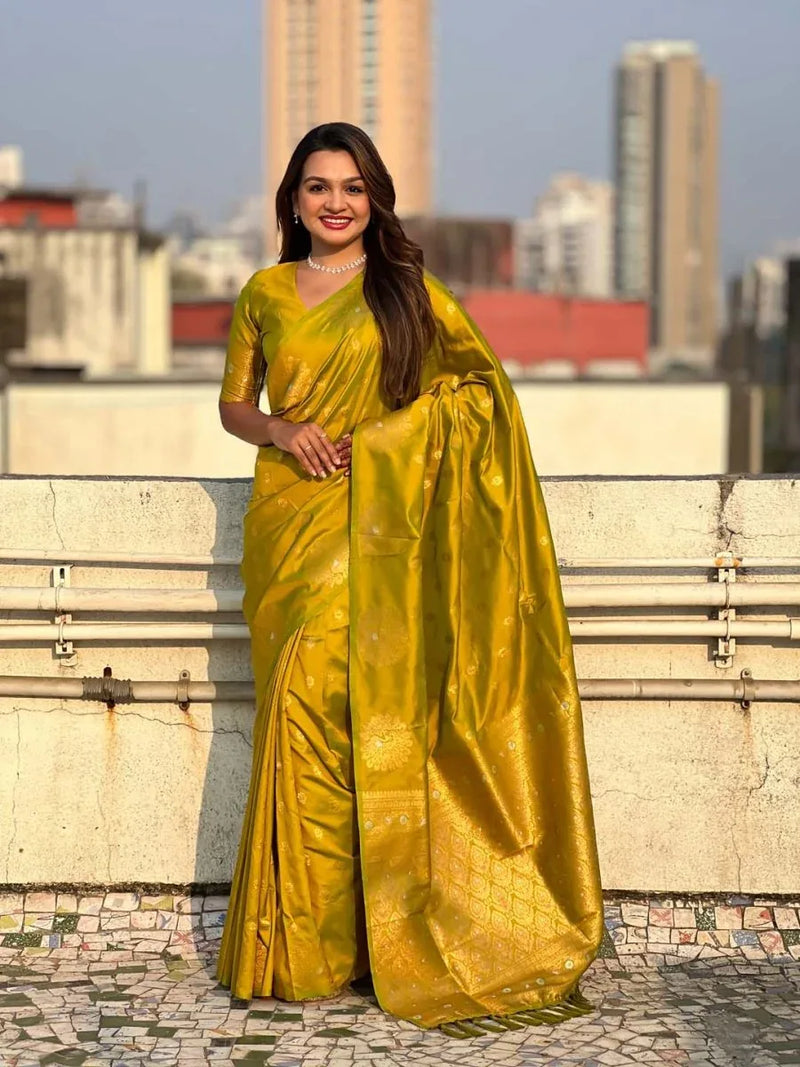Yellow Soft silk Saree With Blouse Piece - EZBER