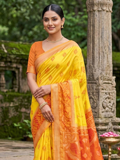 Yellow Soft Silk Stripe N Motif Saree | EZB SI04 SRPOC8005 - EZBER