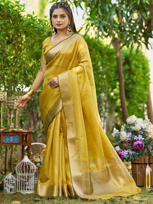 Yellow Tissue Saree With Blouse Piece - EZBER