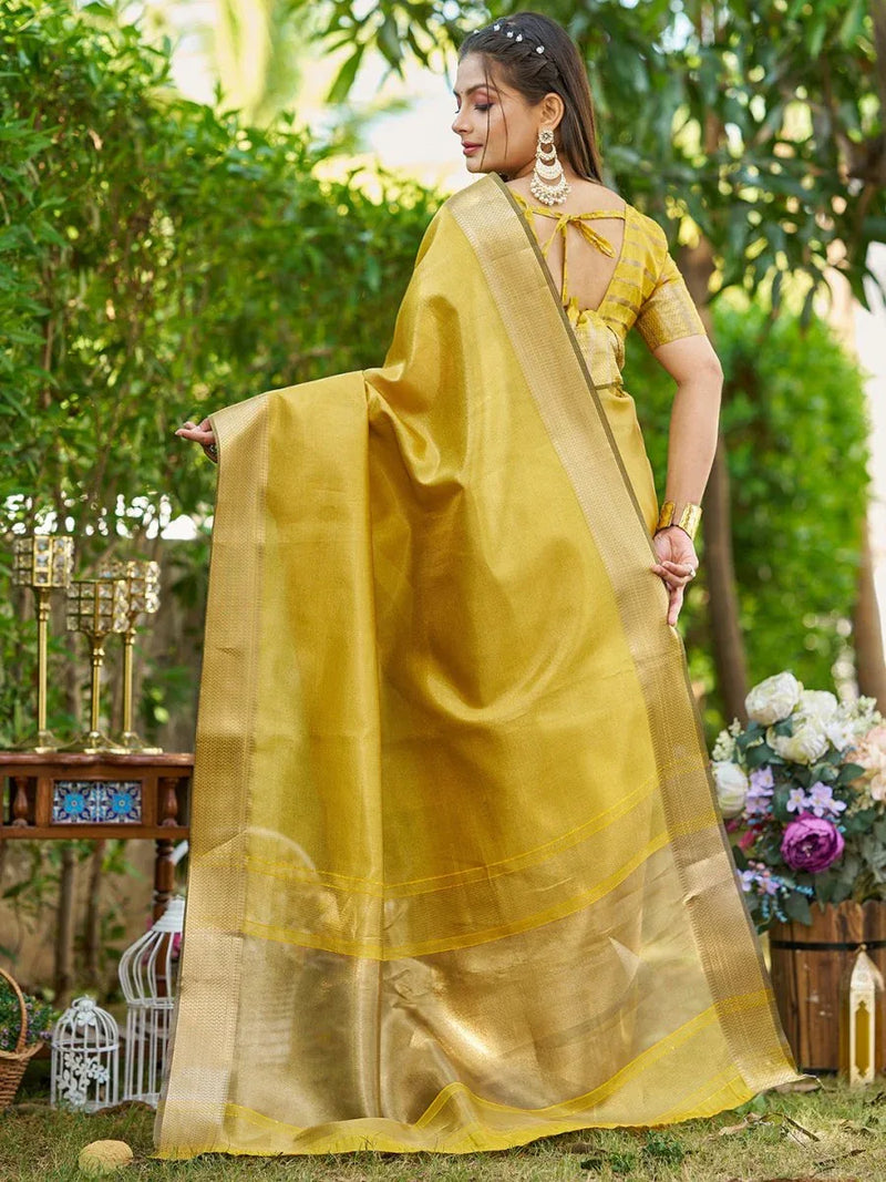 Yellow Tissue Saree With Blouse Piece - EZBER