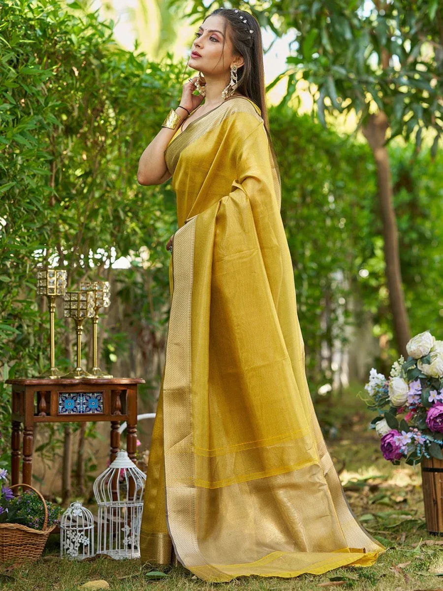 Yellow Tissue Saree With Blouse Piece - EZBER