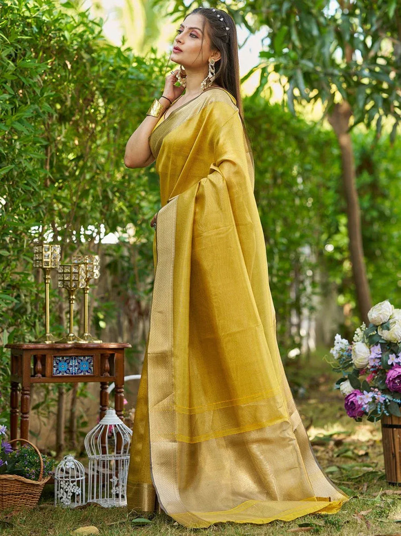 Yellow Tissue Saree With Blouse Piece - EZBER