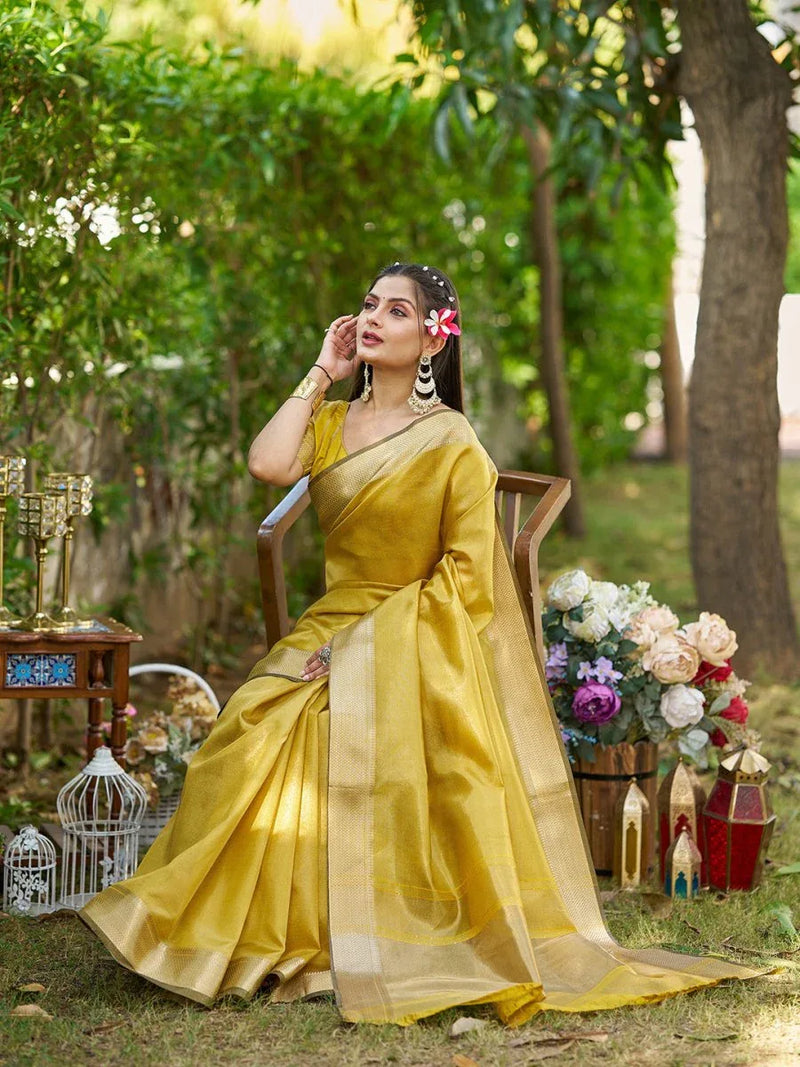 Yellow Tissue Saree With Blouse Piece - EZBER