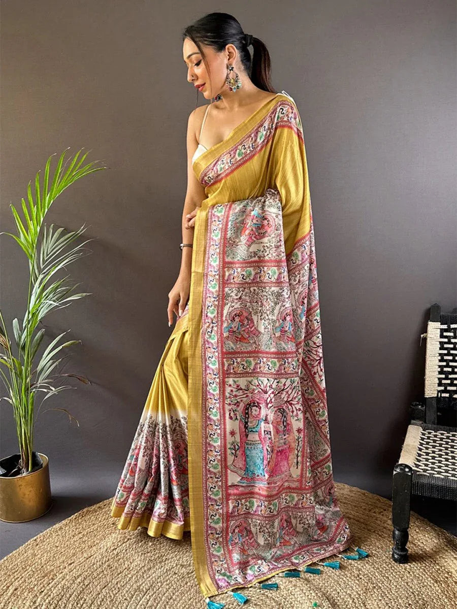 Yellow Tussar Silk Saree With Blouse Piece - EZBER